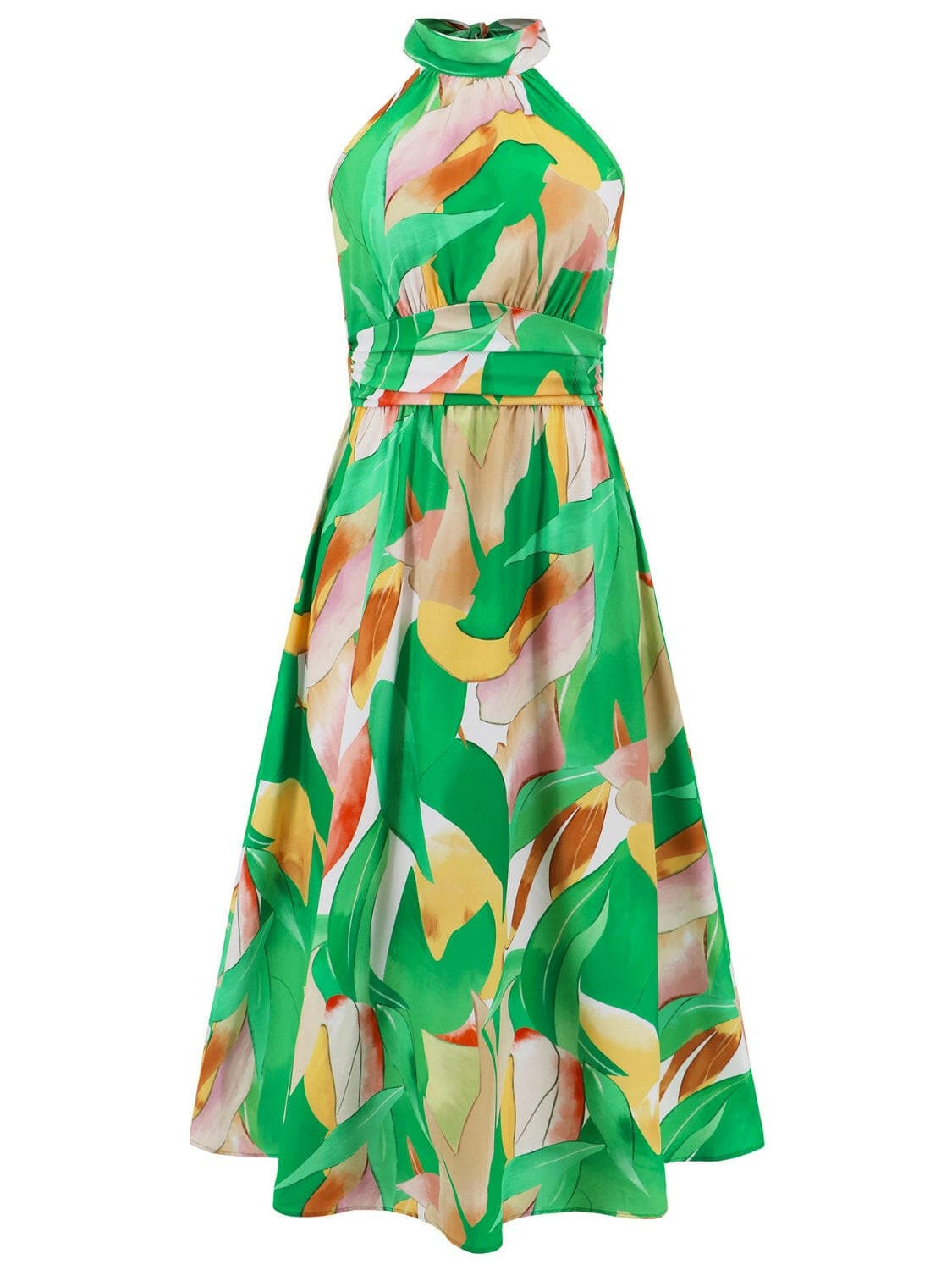 Ruched Printed Halter Neck Sleeveless Dress.