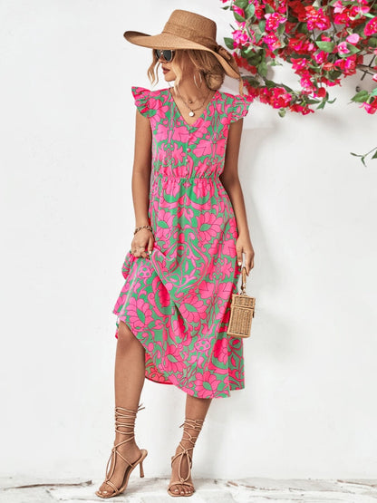 Printed V-Neck Cap Sleeve Dress.