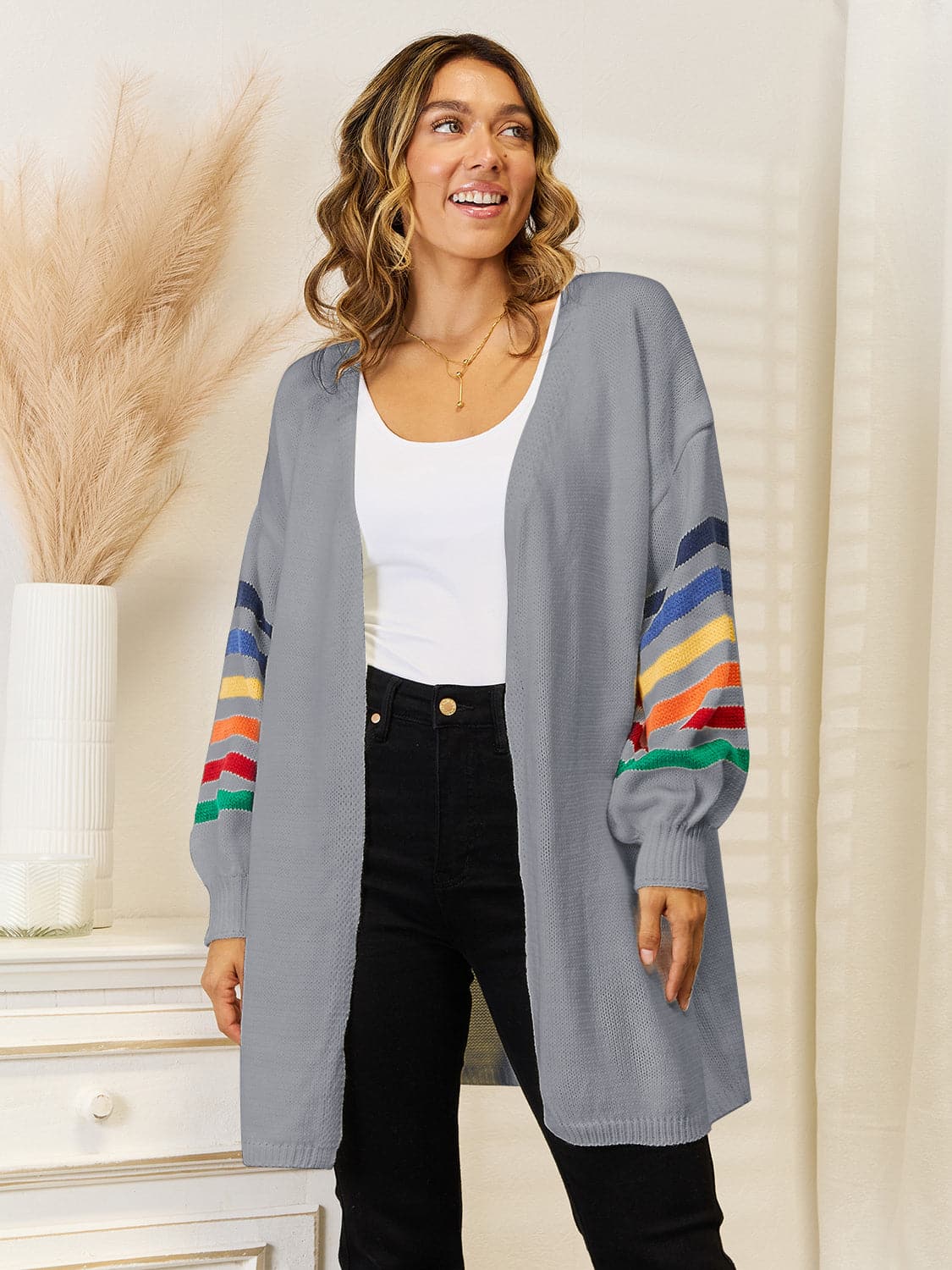 Striped Open Front Dropped Shoulder Cardigan.