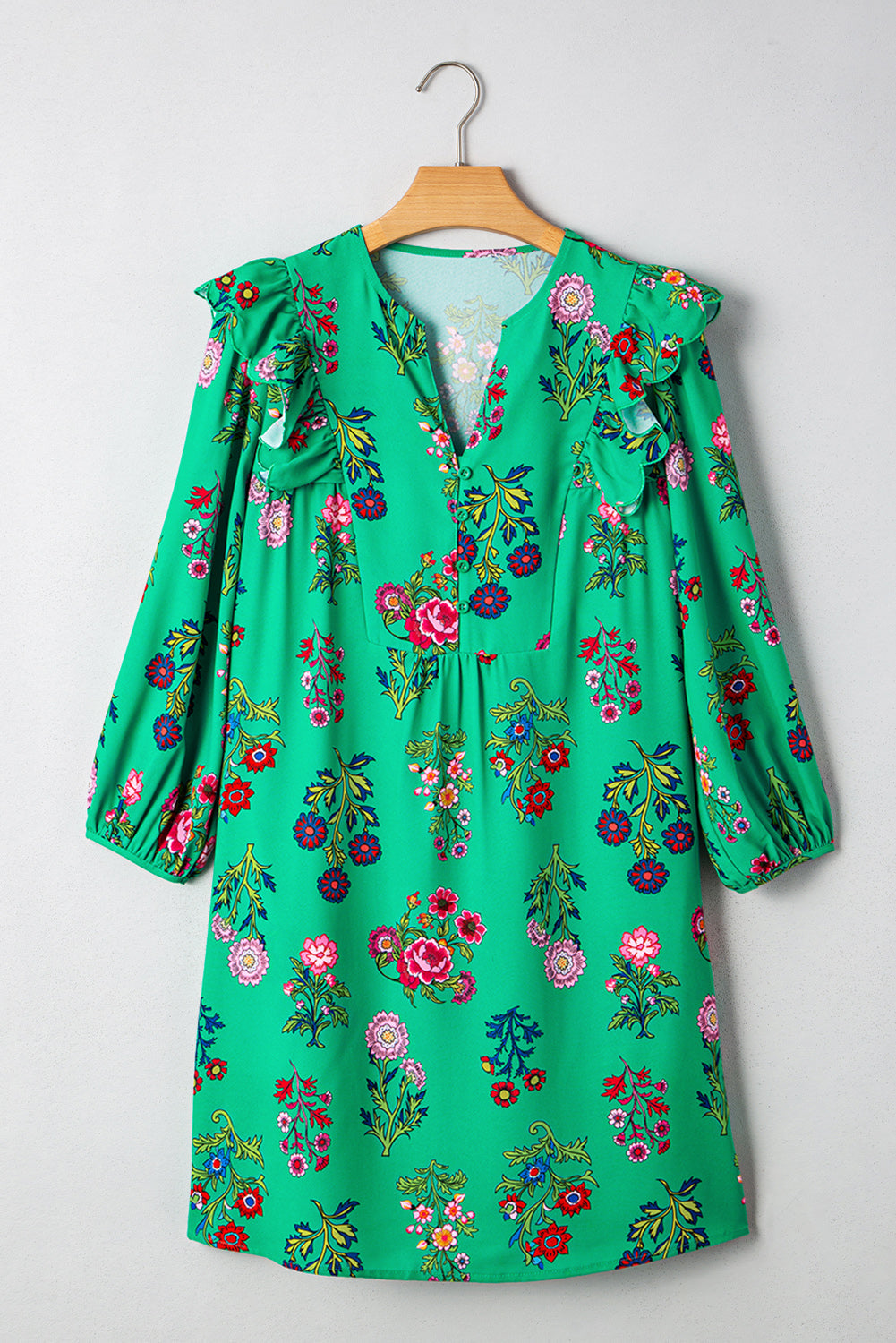 Premium Green Floral Ruffled Three Quarter Sleeve Buttoned Dress Dear-Lover Dropshipping