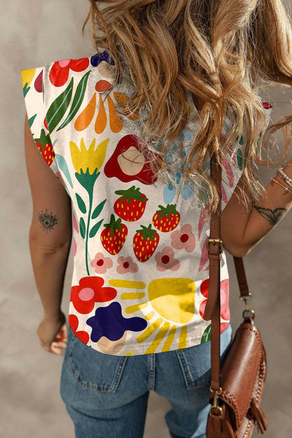 Printed Round Neck Cap Sleeve T-Shirt.