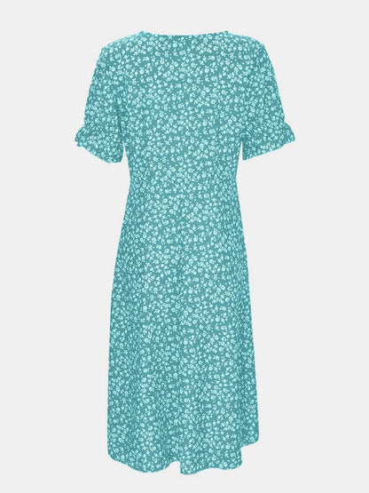 Full Size Printed Surplice Flounce Sleeve Midi Dress.