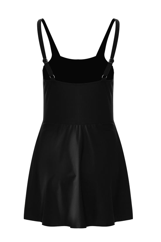 Black Side Tied Waist Square Neck Adjustable Straps Swim Dress