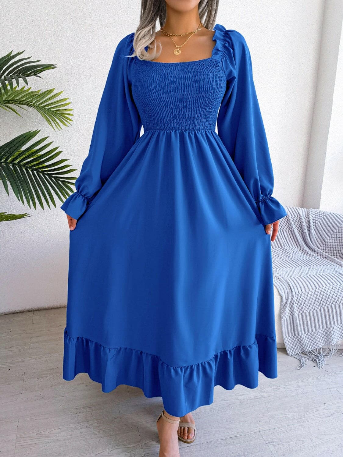 Smocked Square Neck Flounce Sleeve Dress.