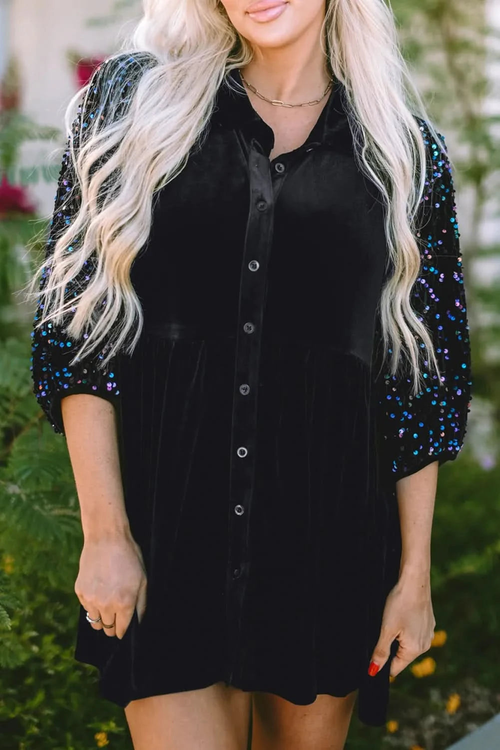 Sequin embellished collared oversized shirt with three-quarter sleeves