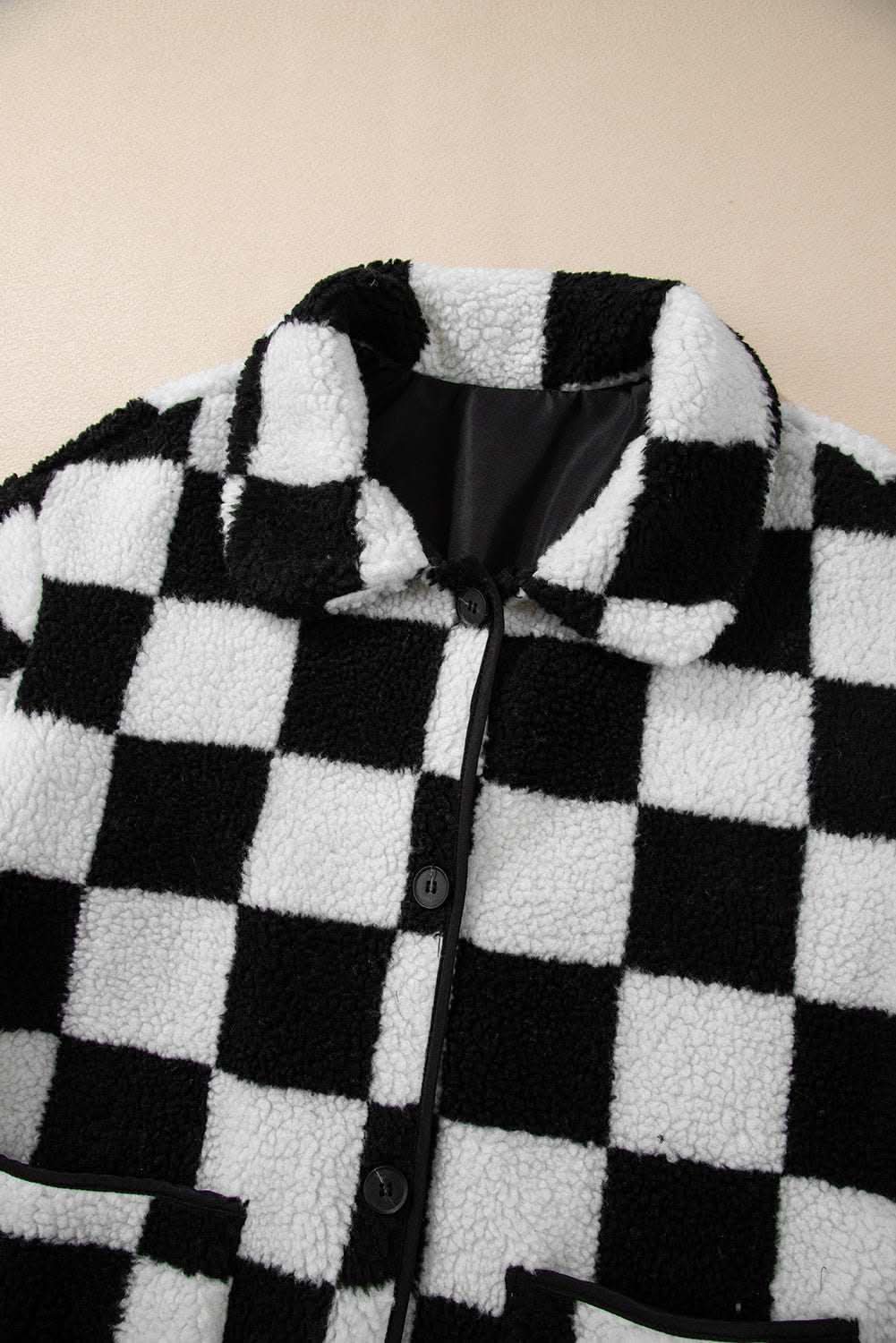 Black Checkered Side Pockets Collared Buttoned Fleece Jacket - Love Salve 