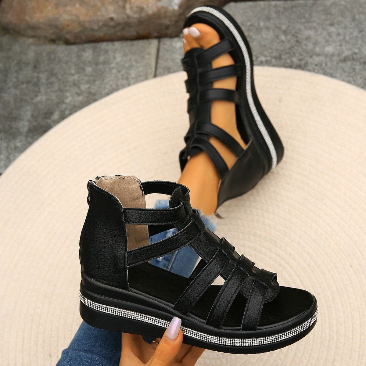 Cutout Rhinestone Trim Wedge Sandals.