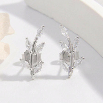 925 Sterling Silver Zircon Leaf Shape Earrings with platinum plating and intricate leaf design.