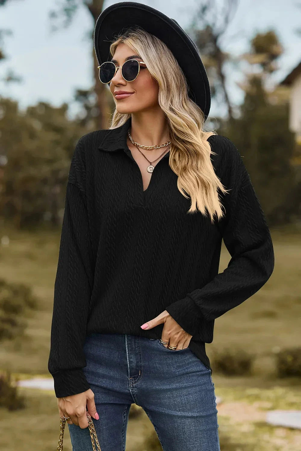 Johnny Collar Dropped Shoulder Blouse Coco’s Tee Boutique