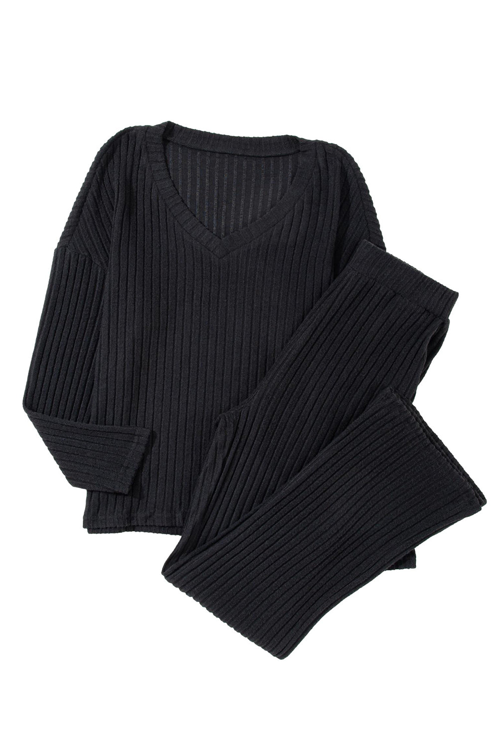 Chic black ribbed knit slouchy two-piece ensemble