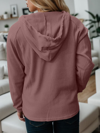 Waffle-Knit Drawstring Quarter Button Hoodie.