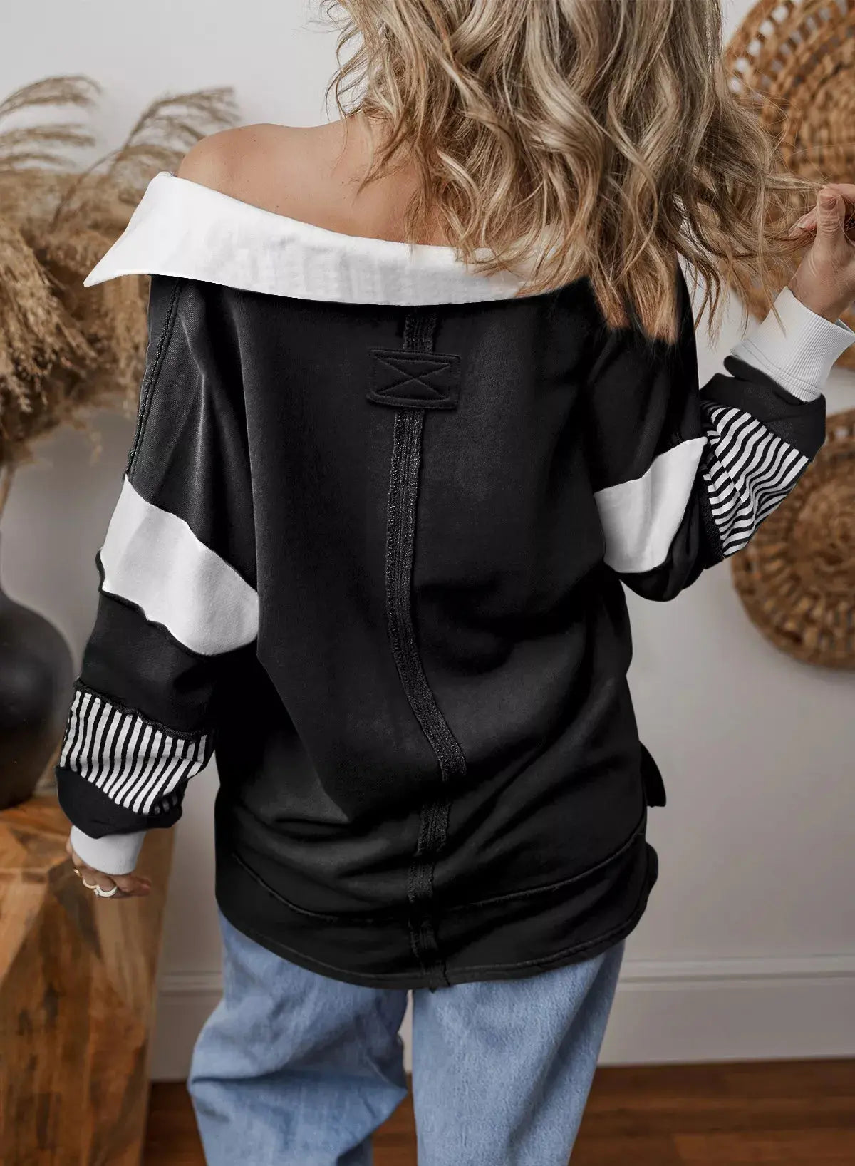Color Block Striped Johnny Collar Sweatshirt Simply Love