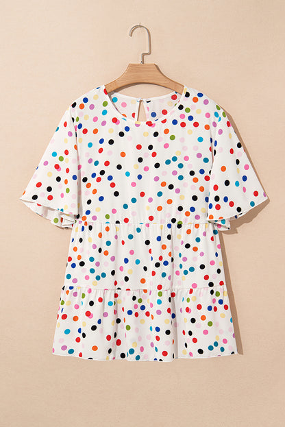 Beige Plus Size Babydoll Blouse with Colorful Polka Dot Print and Ruffled Short Sleeves