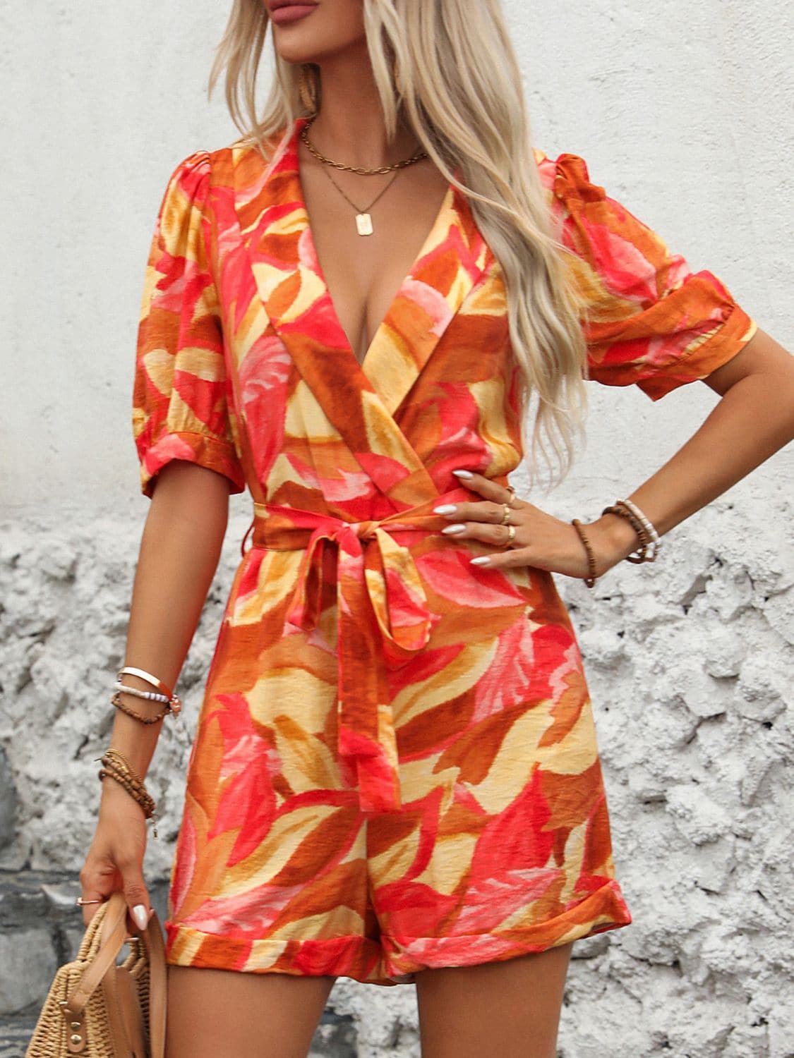 Printed Surplice Half Sleeve Romper.