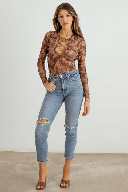 HERA COLLECTION Abstract Mesh Lace-Up Long Sleeve Bodysuit.