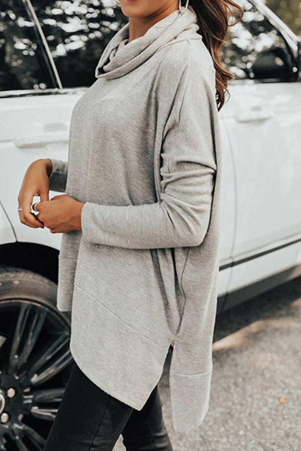 Cowl Neck Long Sleeve Slit Blouse.