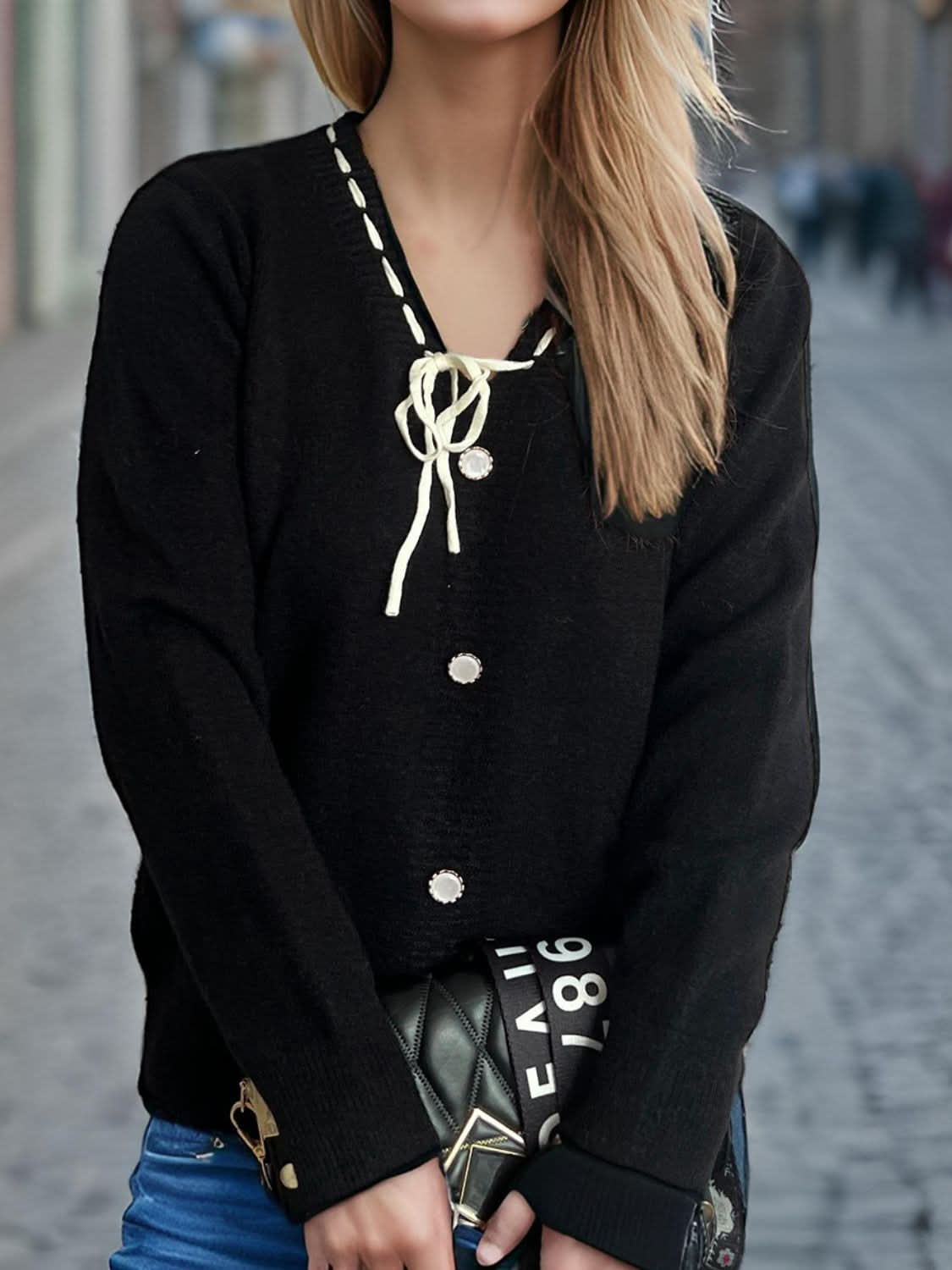 Tied V-Neck Long Sleeve Sweater