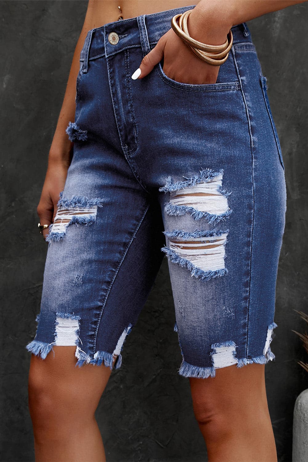 Distressed Frayed Hem Denim Bermuda Shorts.