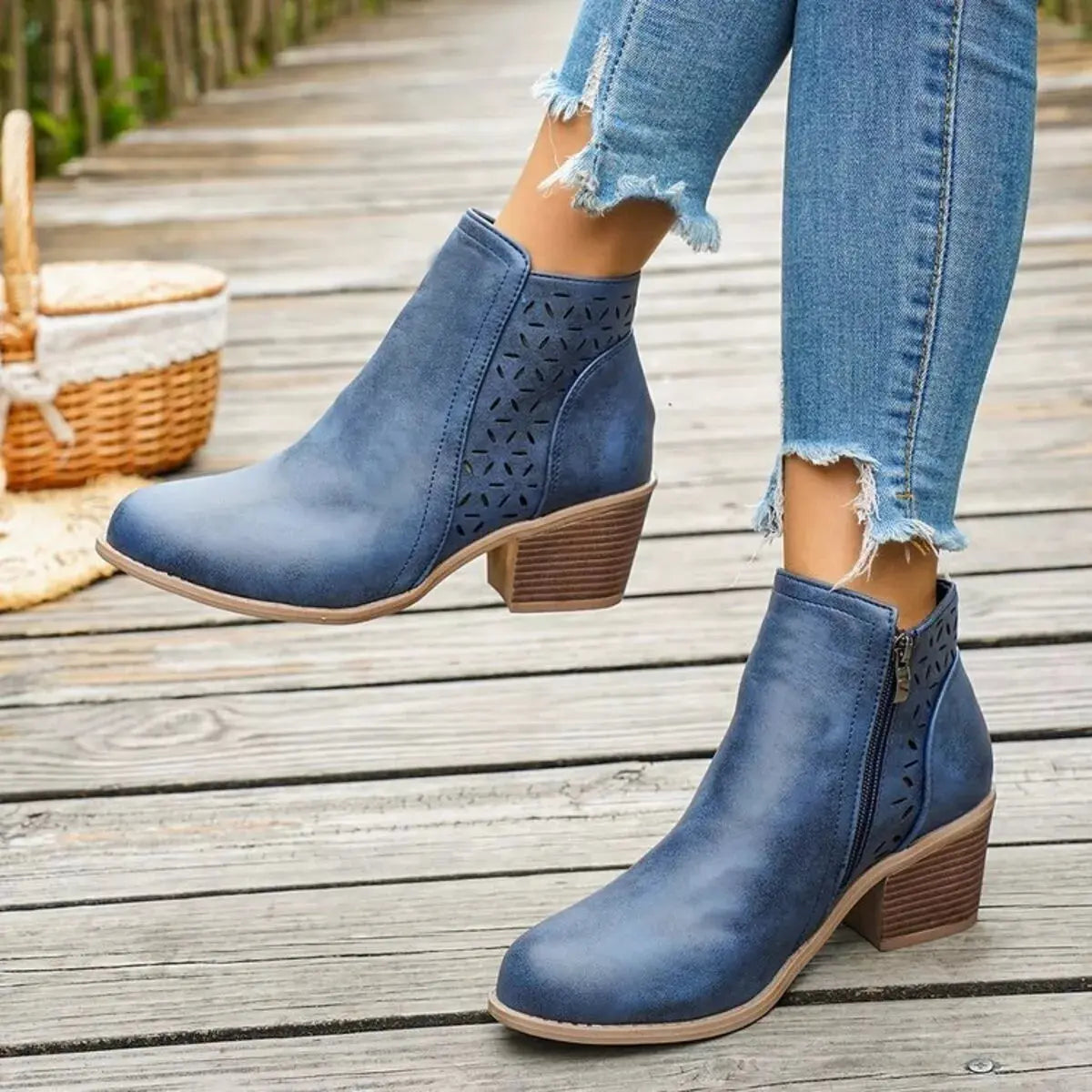 Block Heel Ankle Boots with Cutout Detail Simply Love