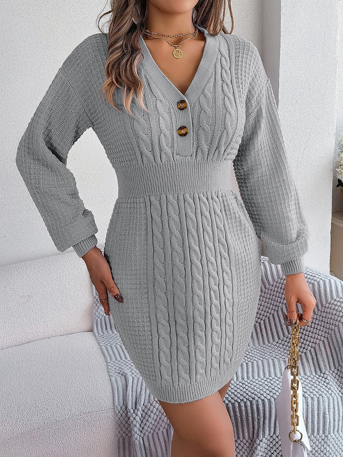 Buttoned Cable-Knit V-Neck Sweater Dress.