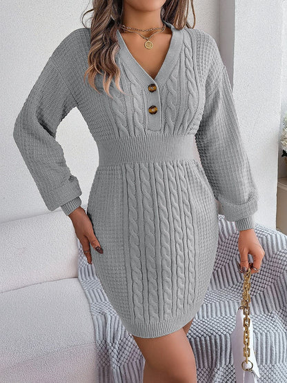 Buttoned Cable-Knit V-Neck Sweater Dress.