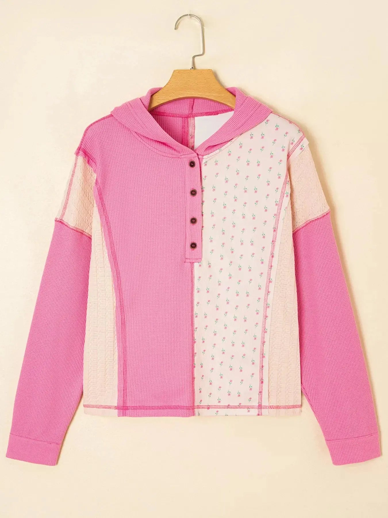 Mixed Texture Waffle Floral Patchwork Hooded Oversize Pullover Simply Love