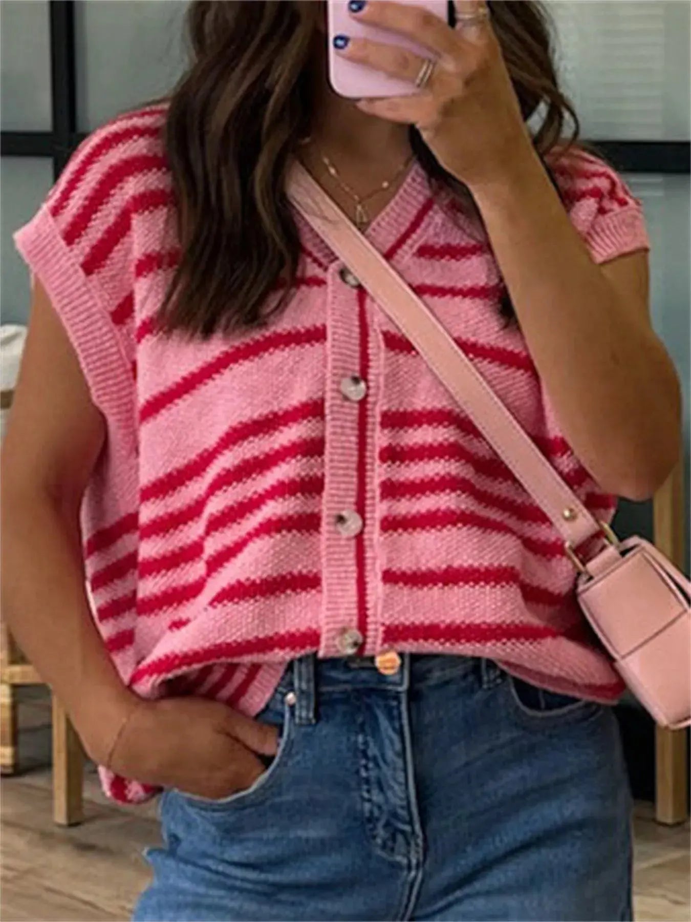 Striped Knit Button Up Cap Sleeve Cardigan Simply Love