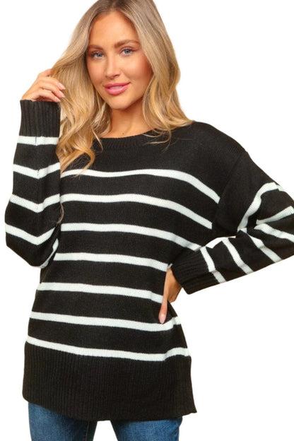 Striped side slit sweater with a modern twist