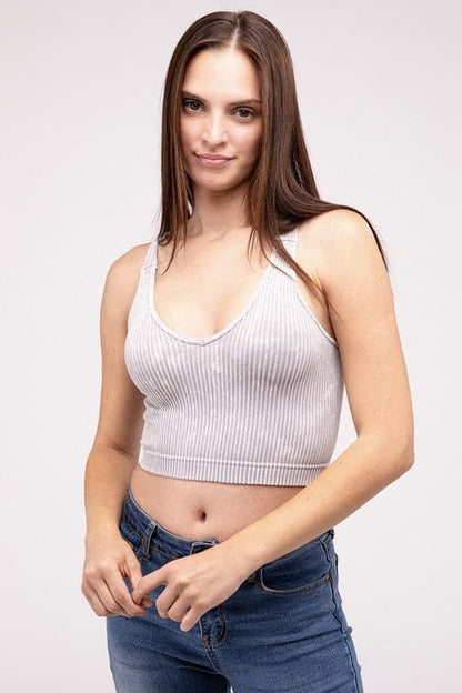 Washed Ribbed Cropped V-Neck Tank Top.