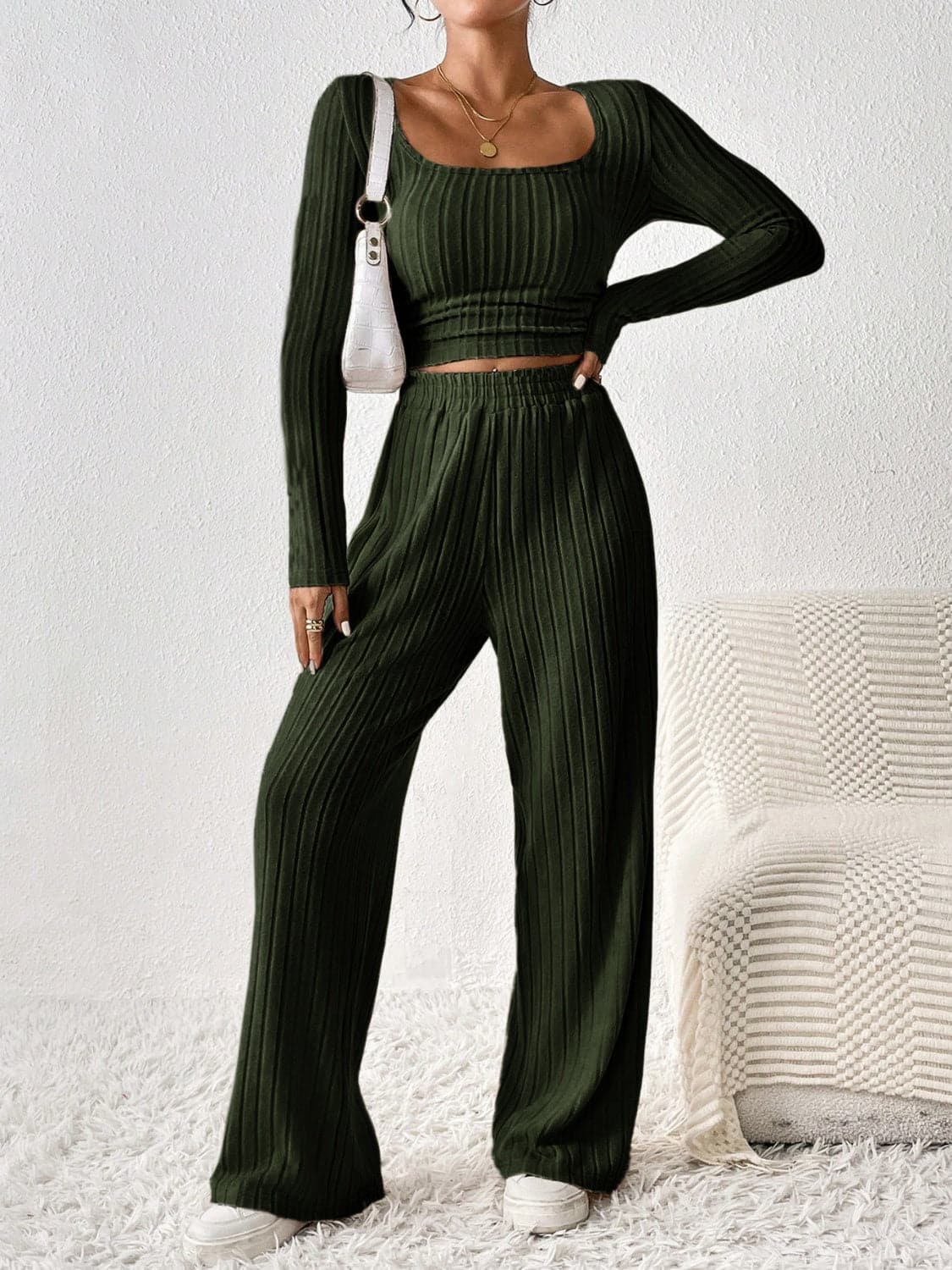 Cozy scoop neck long sleeve top and matching pants set