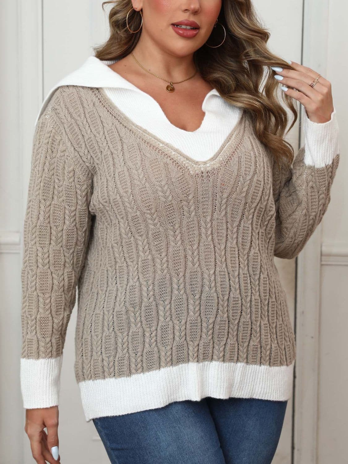 Plus size collared sweater with contrast trim