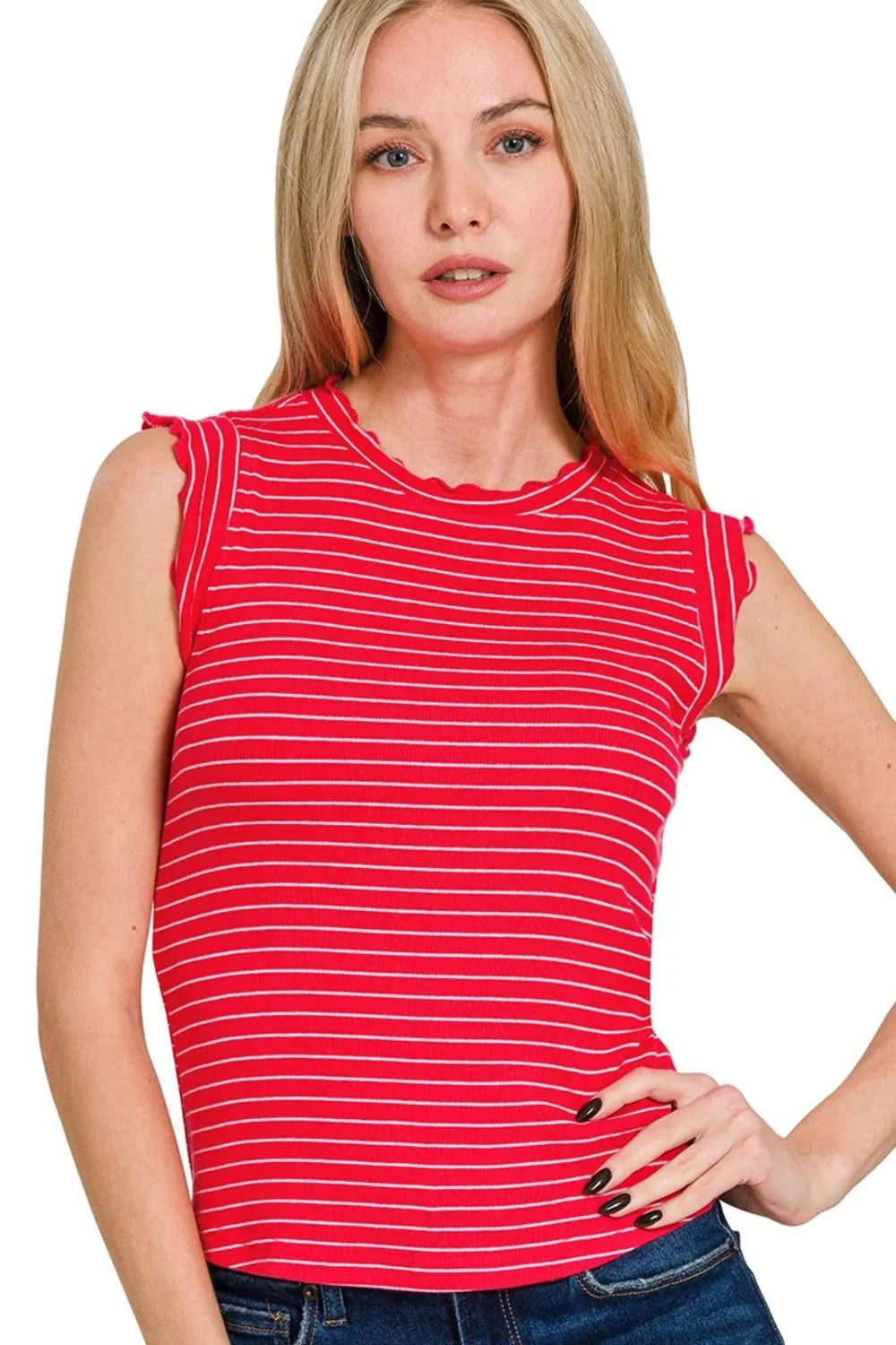 Zenana Ribbed Ruffle Trim Sleeveless Stripe Top - Love Salve 