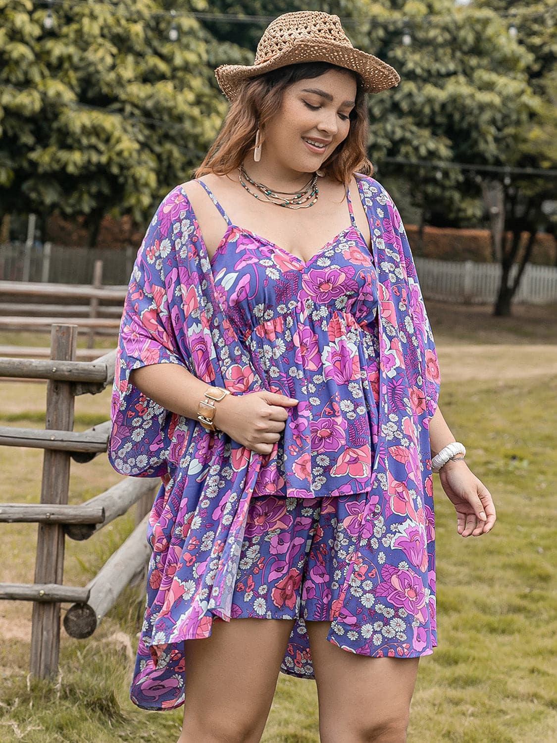 Plus Size Printed Cami, Open Front Cover Up and Shorts Set.