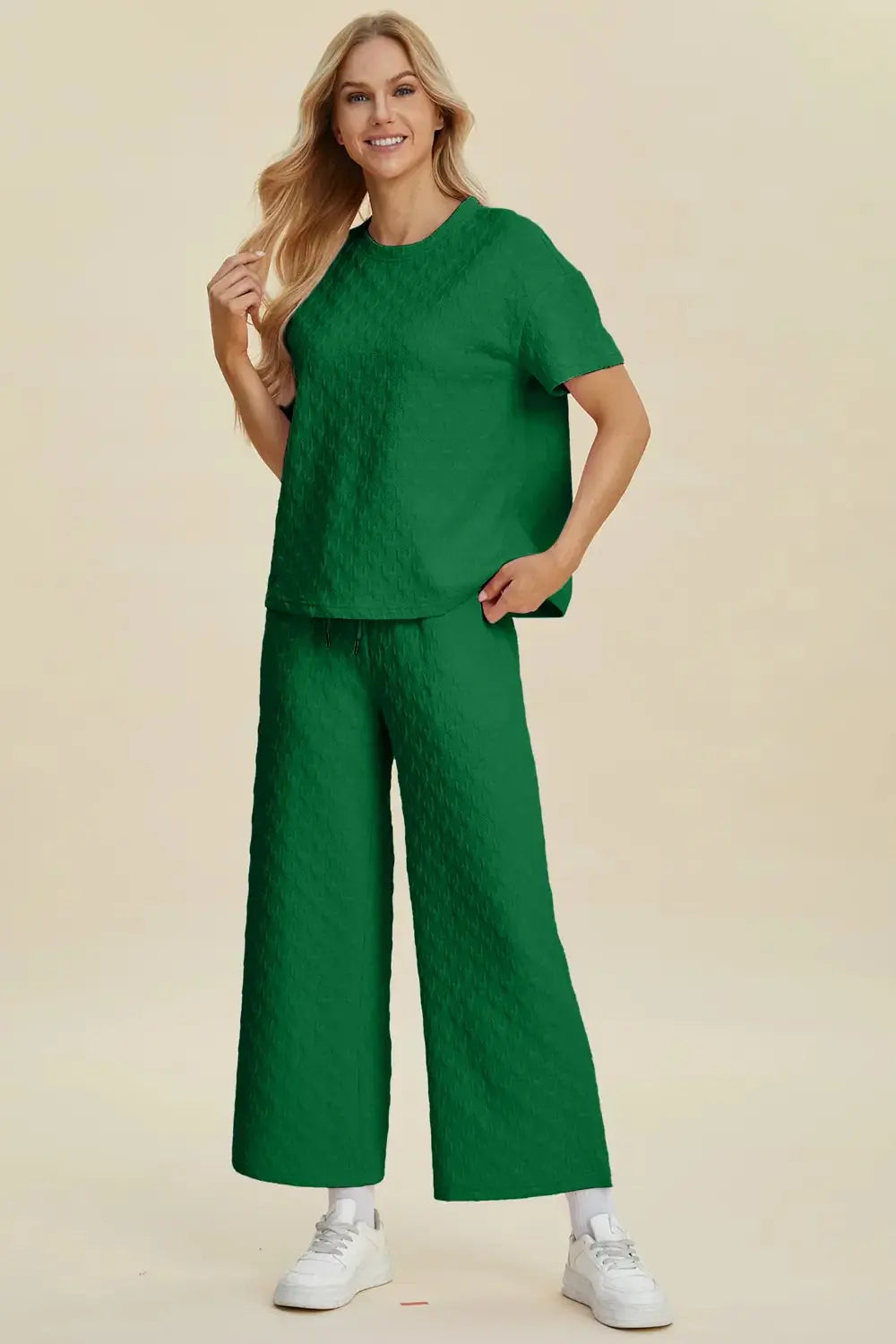 Double Take Full Size Texture Round Neck Short Sleeve Top and Pants Set - Love Salve