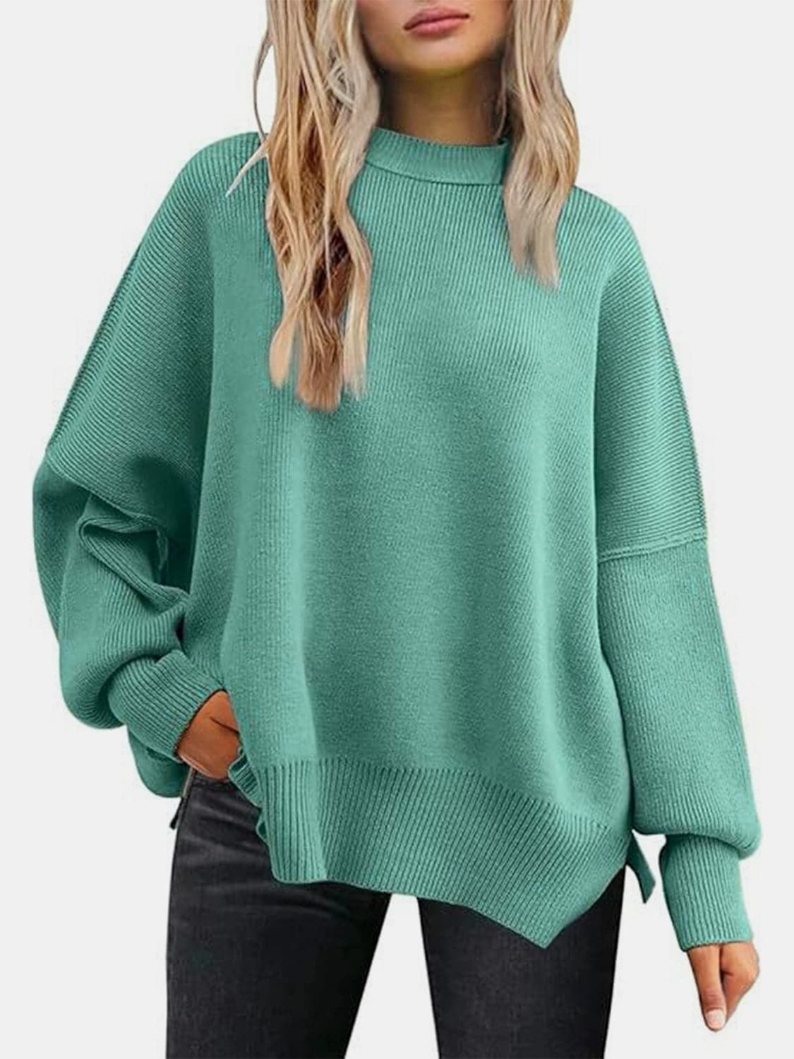 Round Neck Drop Shoulder Slit Sweater.