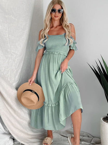 Frill Smocked Off-Shoulder Ruffle Sleeve Dress.