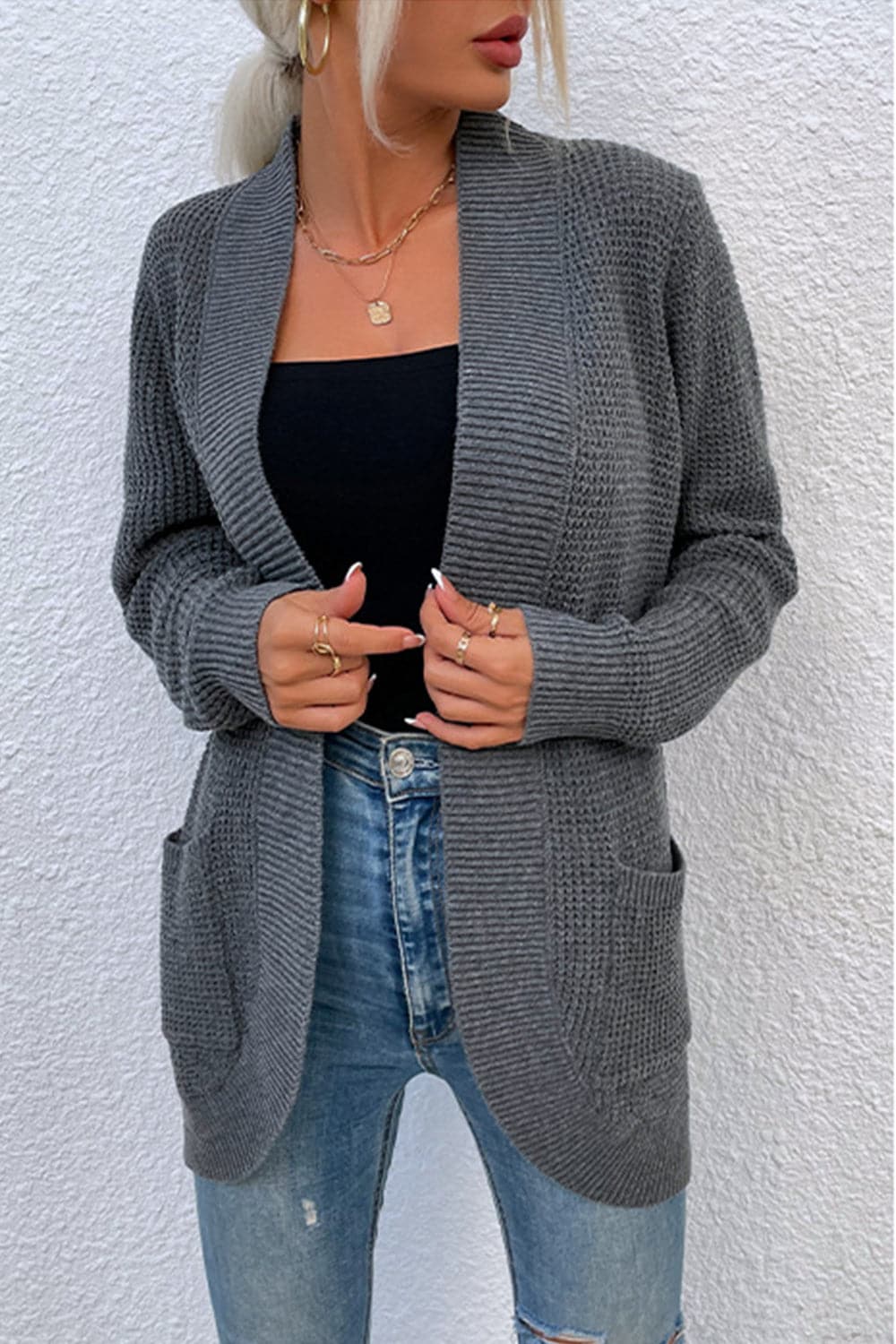 Open Front Rib-Knit Cardigan with Pockets.