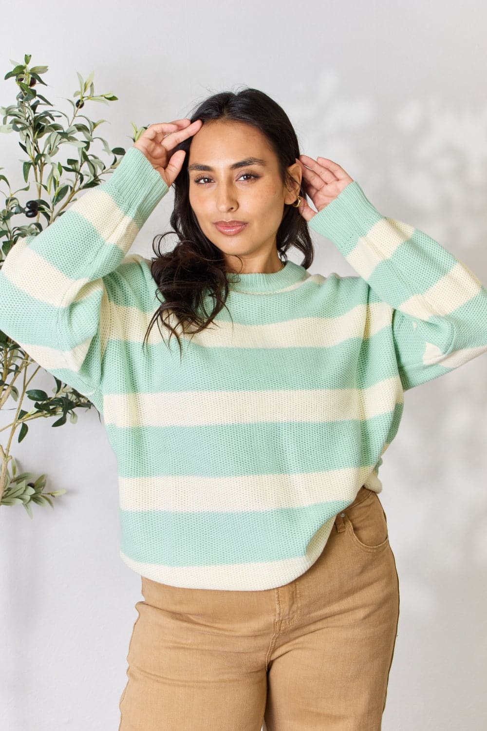 Sew In Love Full Size Contrast Striped Round Neck Sweater.