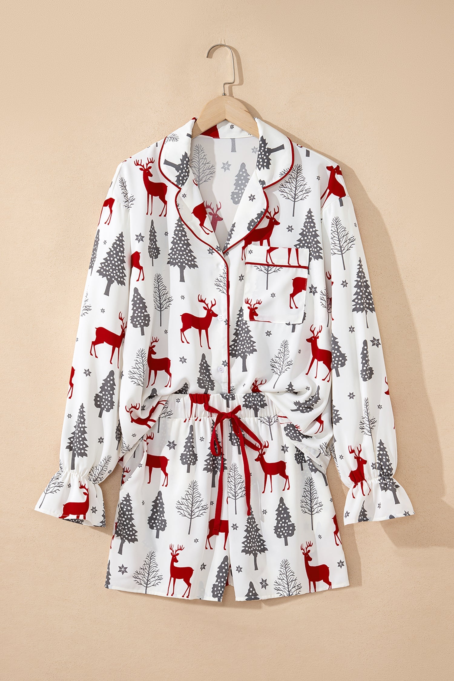 White Christmas Pajama Set 2 Piece Velvet Trim Bow Knot Short Set Dear-Lover Dropshipping