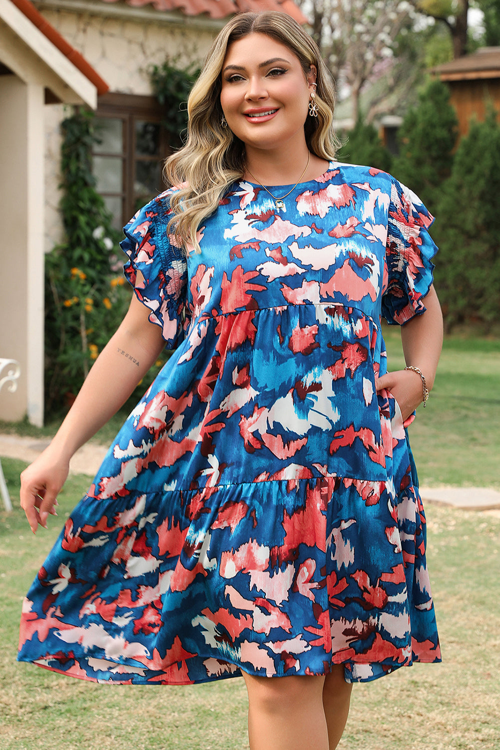 Blue Abstract Print Shirred Ruffled Tiered Short Sleeve Mini Dress Plus Size Dear-Lover Dropshipping