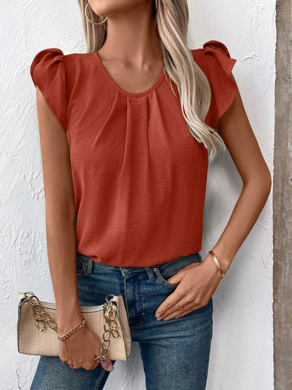 Ruched Round Neck Cap Sleeve Blouse.