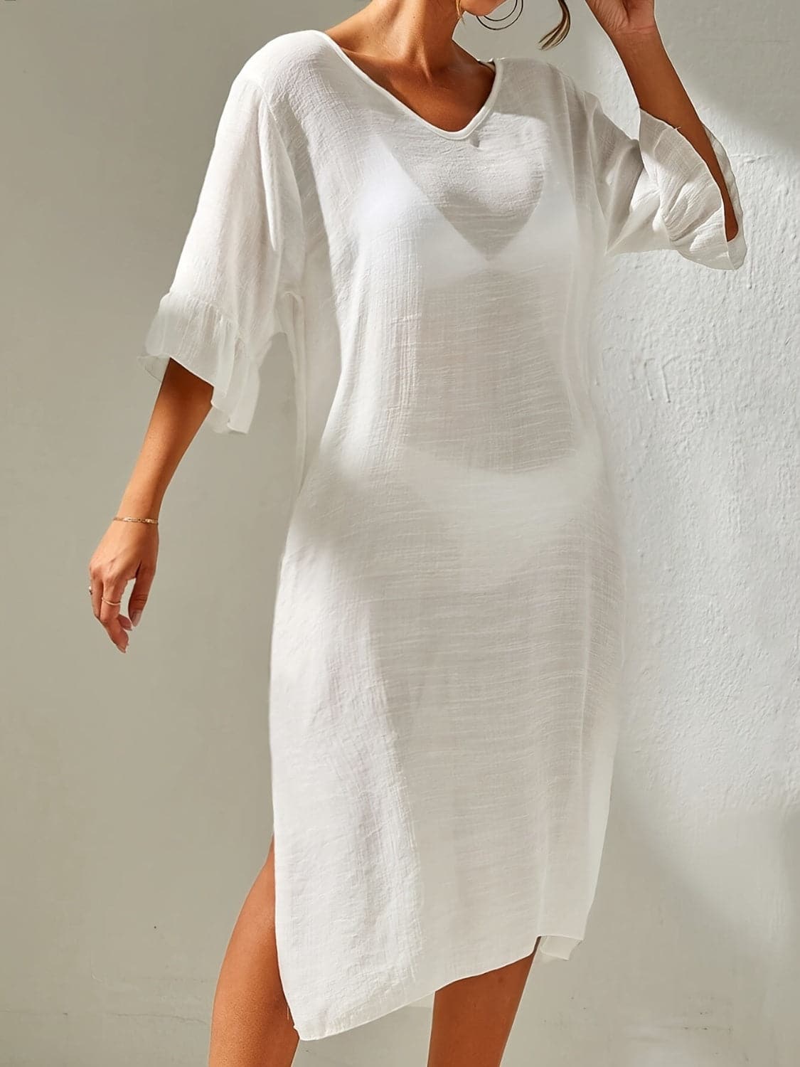 Slit V-Neck Flounce Sleeve Cover-Up.