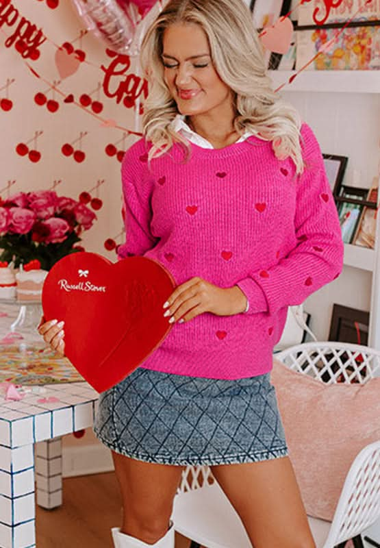 Heart Round Neck Long Sleeve Sweater