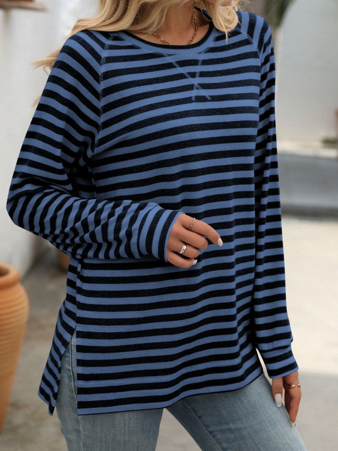 Striped Round Neck Long Sleeve T-Shirt.