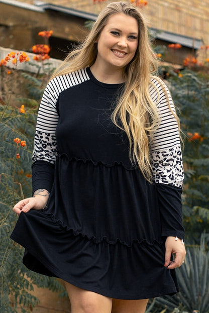 Chic black plus size ruffled dress with leopard and striped sleeves