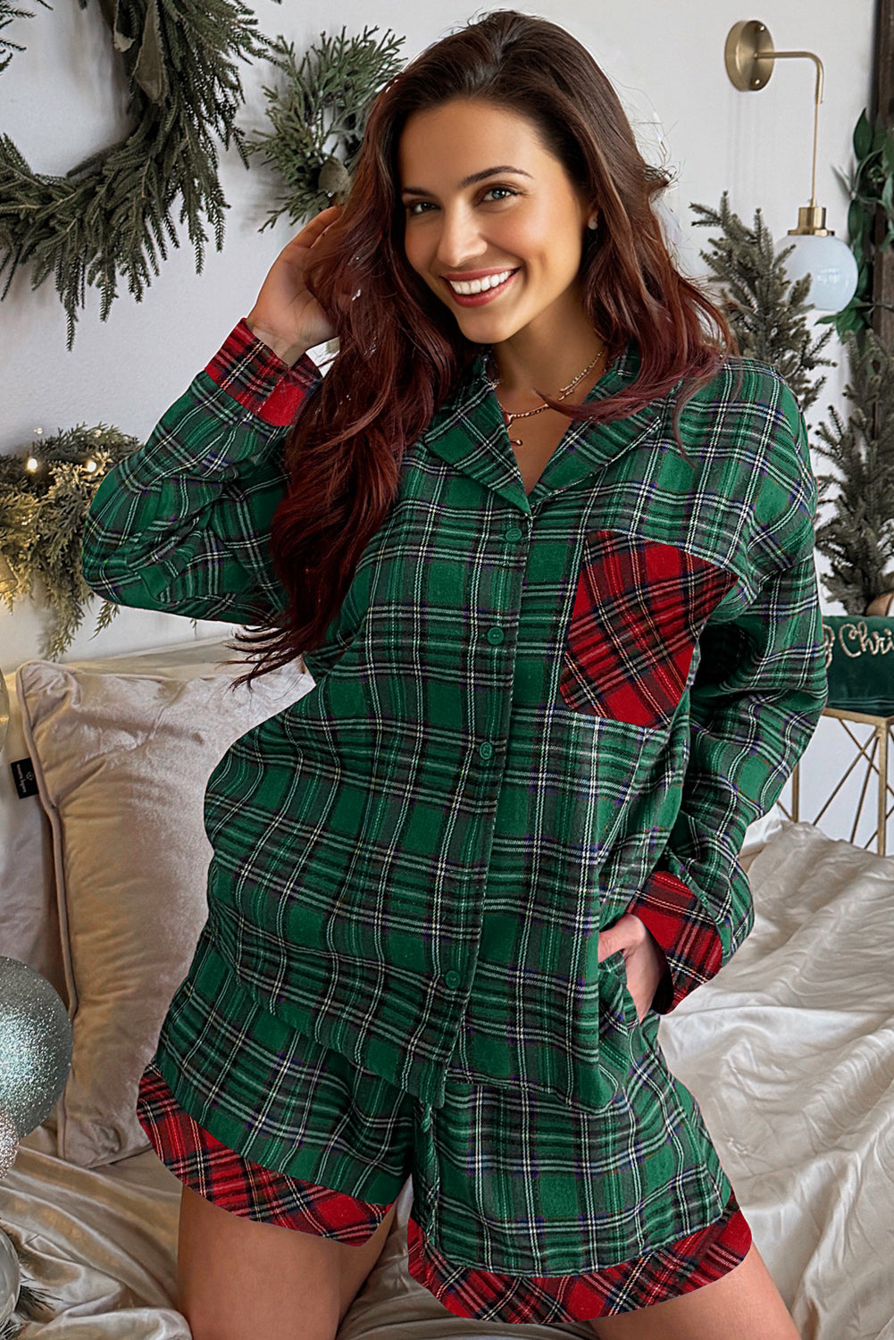 Green Plaid Patchwork Christmas Pajama Set Two Piece Long Sleeve Shirt And Shorts Holiday Sleepwear Dear-Lover Dropshipping