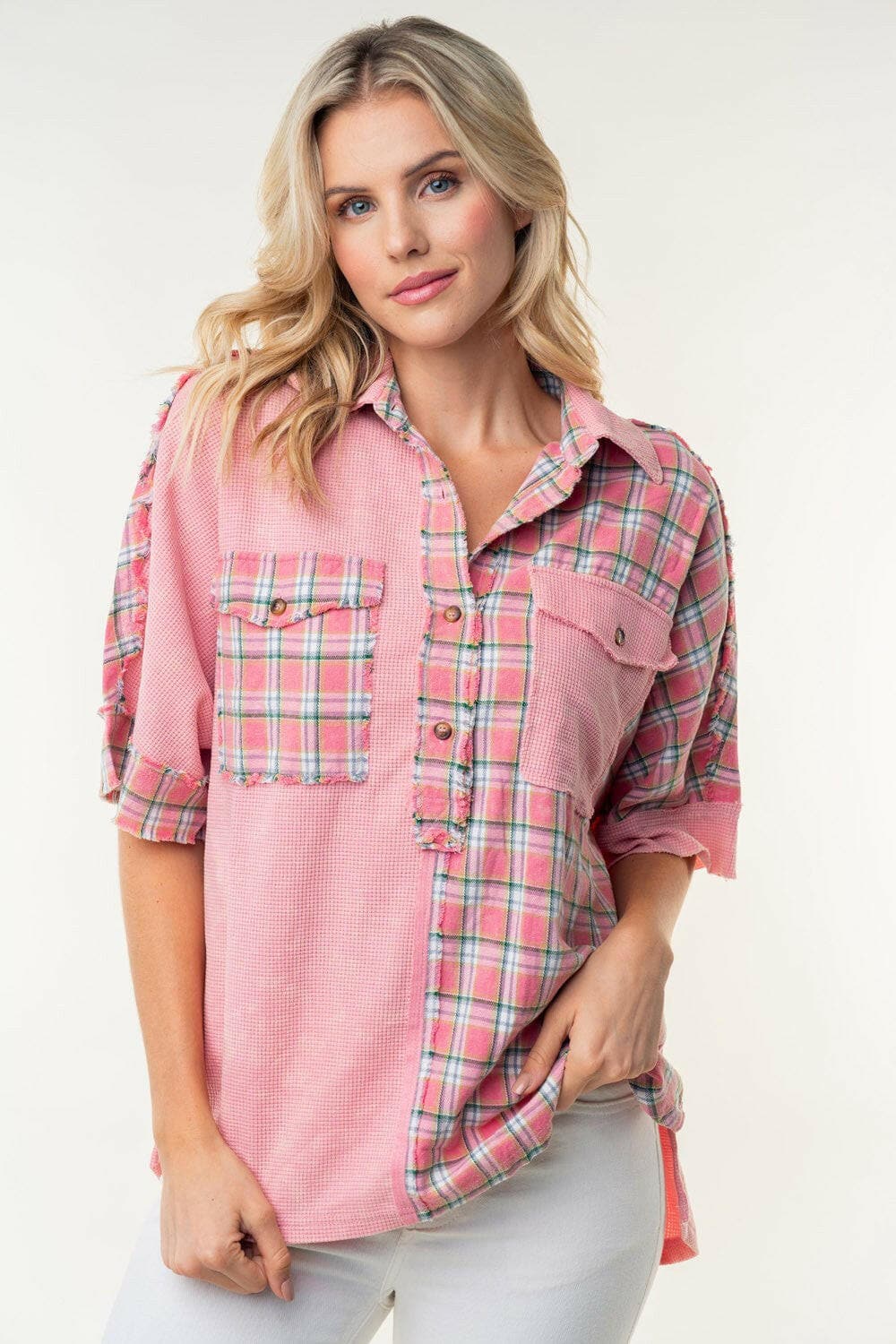 White Birch Plaid Color Block Half Button Top.