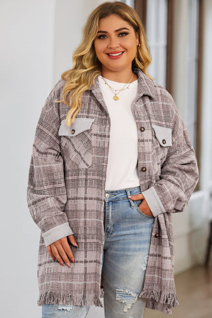 Chic pink macrame plaid coat in plus sizes