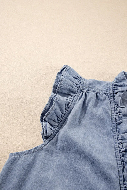 Frilly Ruffle Trim V Neck Chambray Tank