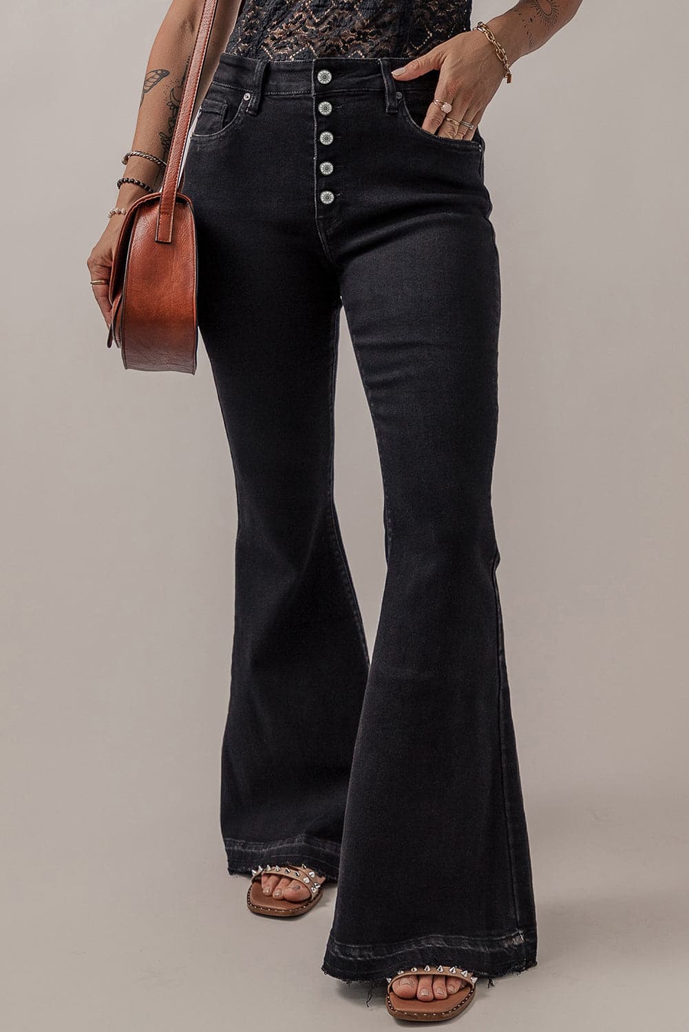 Button-Fly Flare Jeans with Pockets.